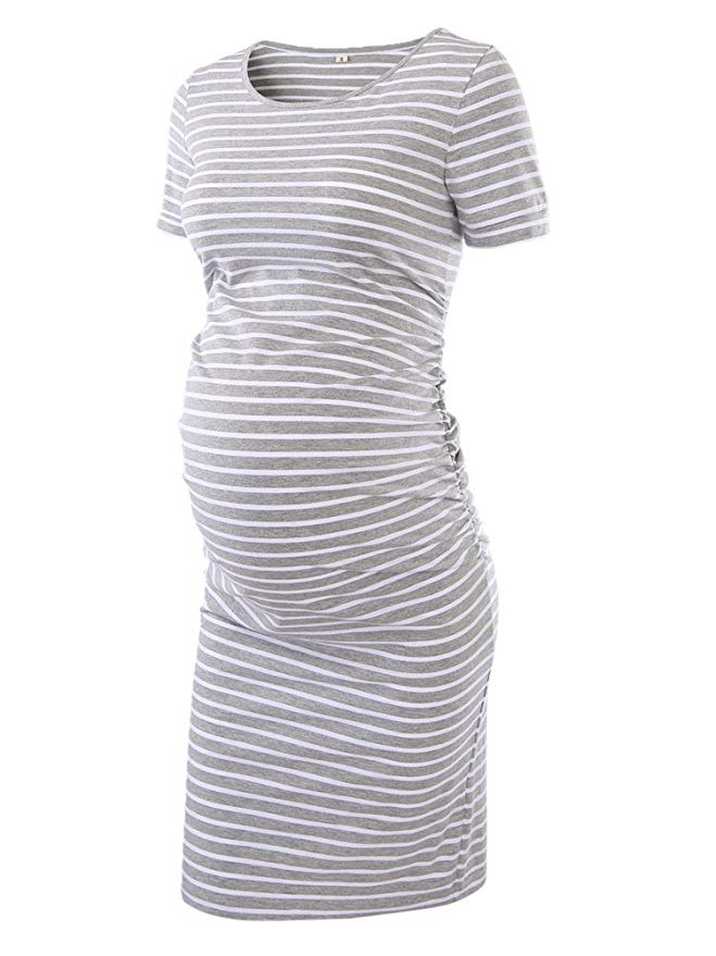 Striped gray and white maternity dress.