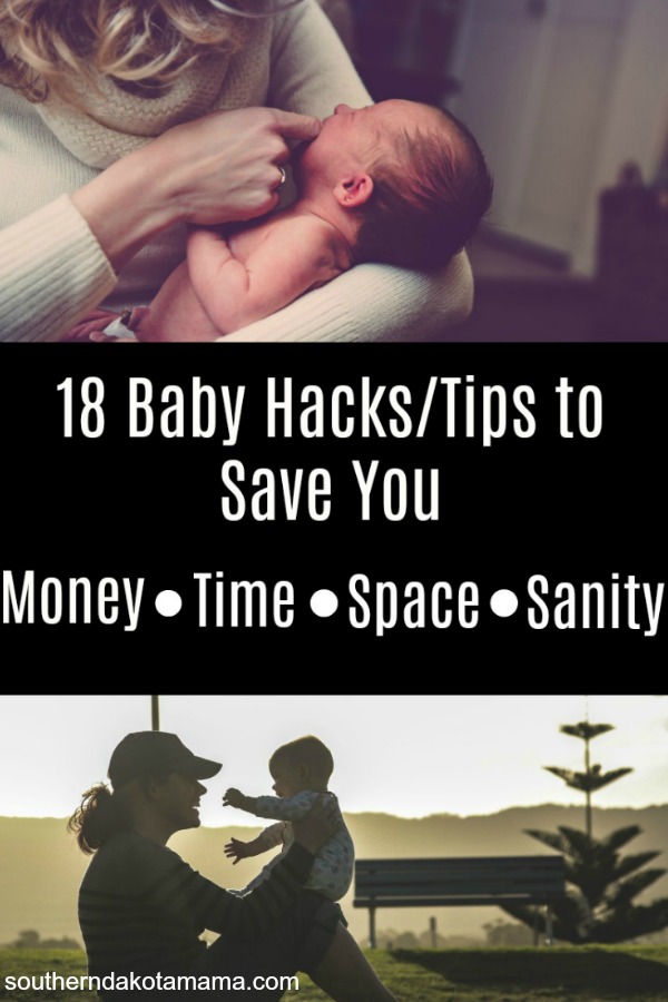 Pinterest graphic with text for 18 Baby Hacks/Tips to Save and collage of mother and baby.

