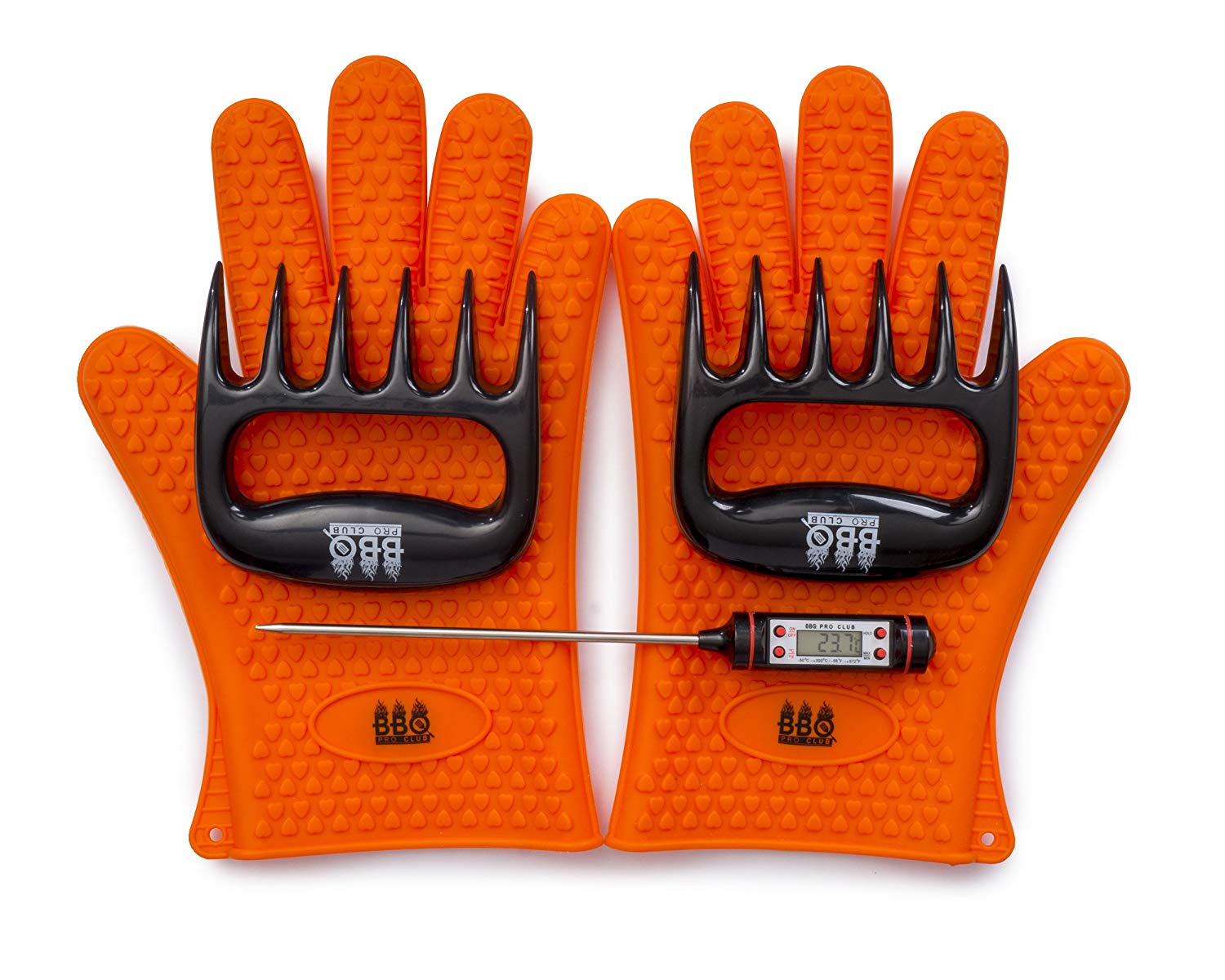 BBQ grilling set with gloves and thermometer. 