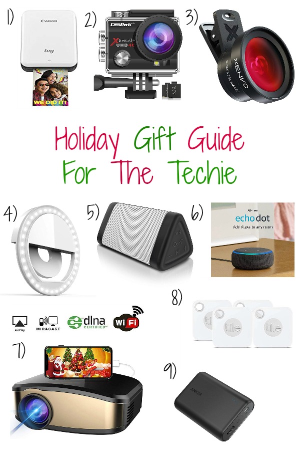 Pinterest graphic with text for Holiday Gift Guide for the Techie and collage of tech products.