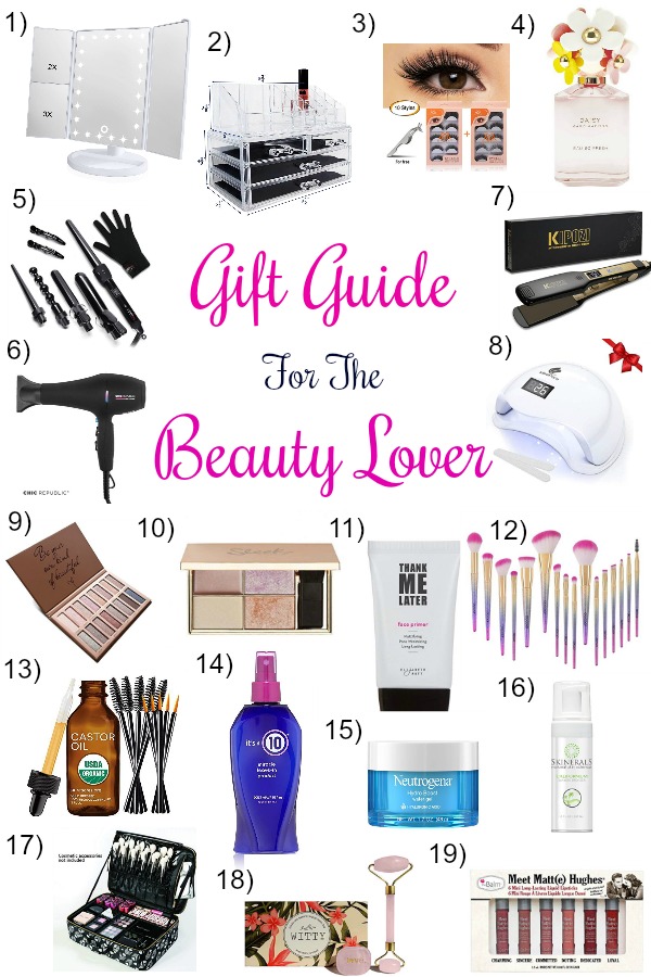 Pinterest graphic with text for Gift Guide for the Beauty Lover and collage of beauty products.