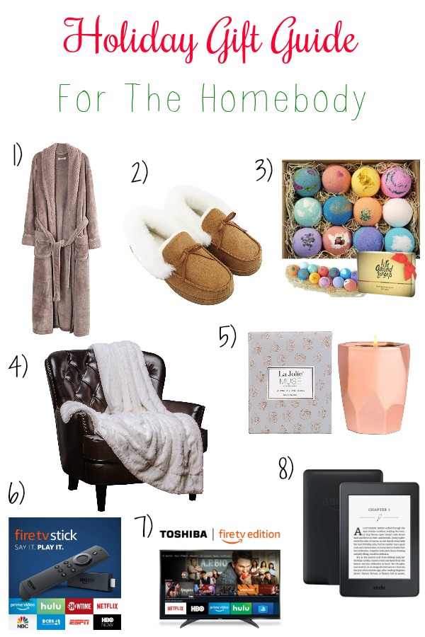 Pinterest graphic with text for Holiday Gift Guide for the Homebody and collage of homey and cozy gift ideas.