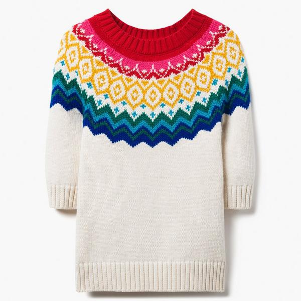 White girl sweater with colorful collar.
