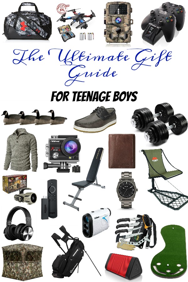 Pinterest graphic with text for the Ultimate Gift Guide for Teenage Boys and collage of teenage boy gifts.