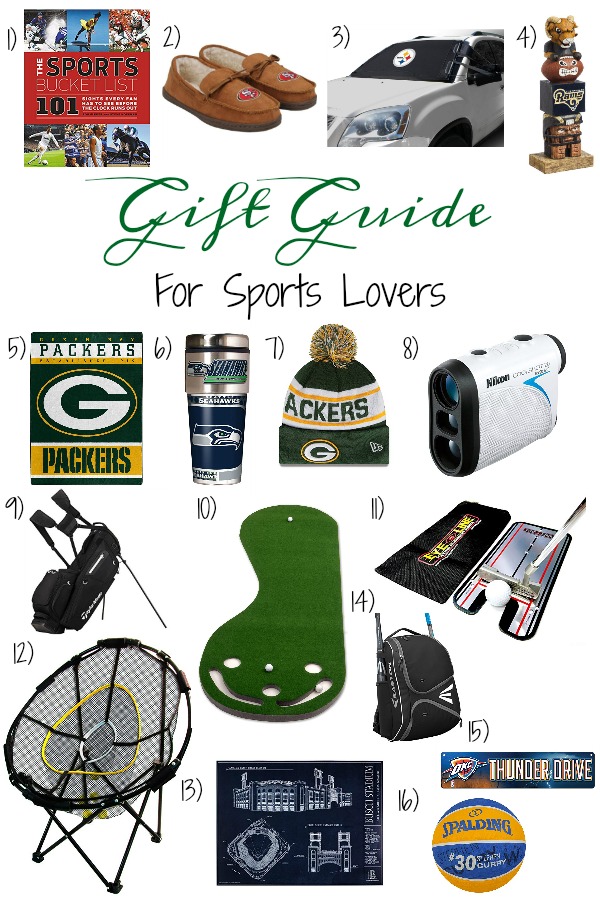 Pinterest graphic with text for Gift Guide for Sports Lovers and collage of sporting goods products.