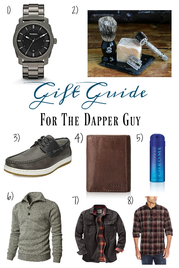 Pinterest graphic with text for Gift Guide for the Dapper Guy and collage of men\'s clothing items and accessories.