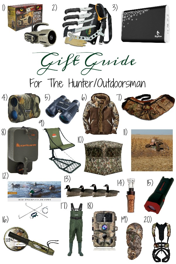 Pinterest graphic with text for Gift Guide for the Hunter/Outdoorsman and collage of hunting and outdoorsy products.