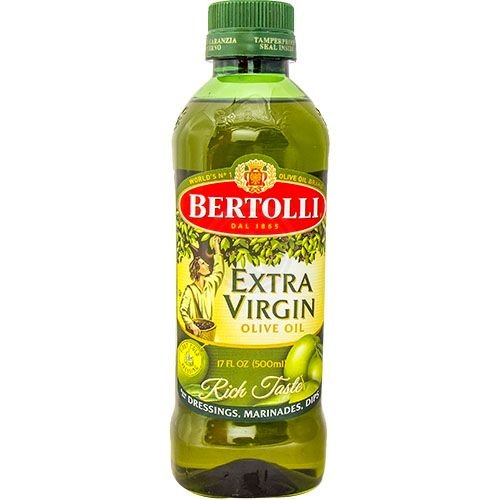 Bottle of Bertolli extra virgin olive oil.