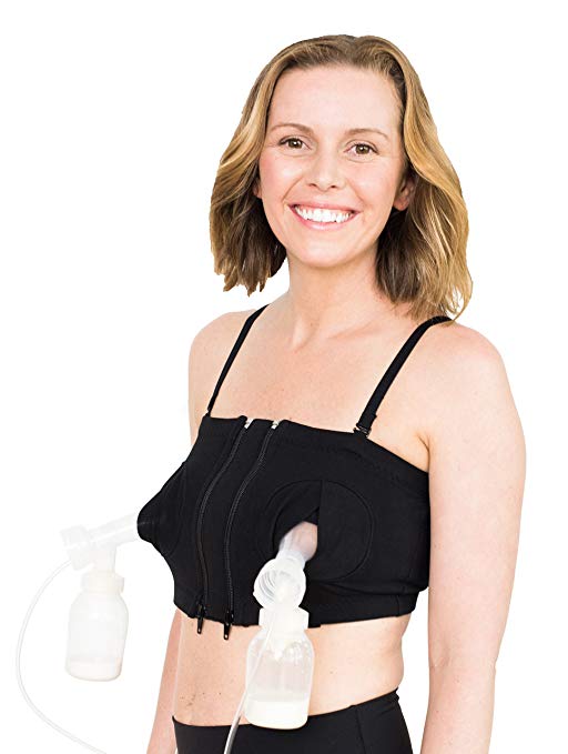 Woman models hands free pumping bra.