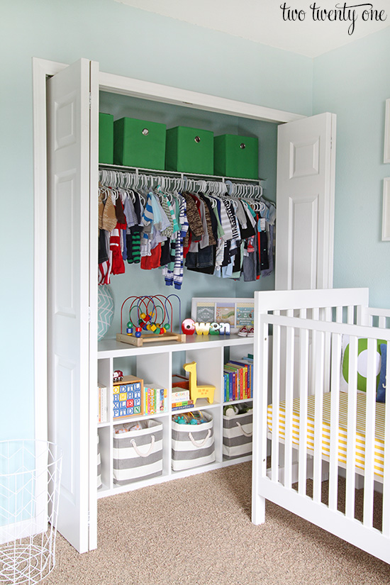 View or organized closet with cube storage shelves.