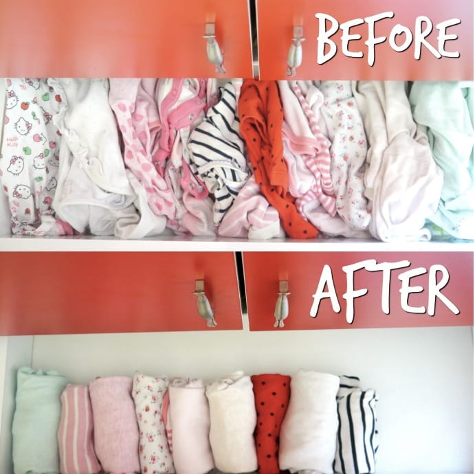 Before and after of organized baby clothing.