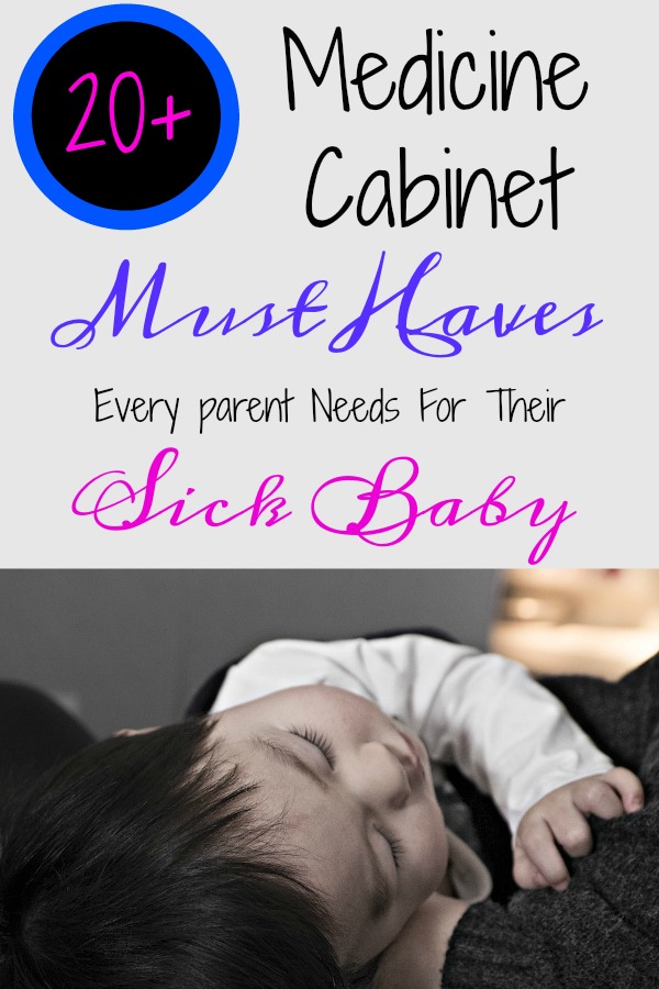 Pinterest graphic with text for Medicine Cabinet Must Haves and sleeping baby.