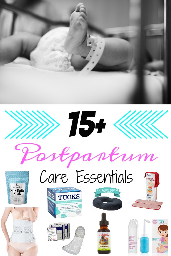 Pinterest graphic with text for 15+ Postpartum Care Essentials and collage of postpartum care essentials.