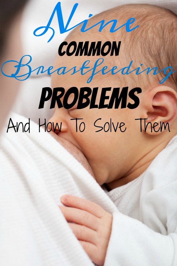 Pinterest graphic with text for Nine Common Breastfeeding Problems and baby nursing.