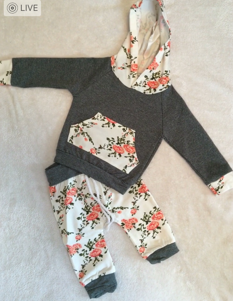 Gray and floral hoodie top and pants set.