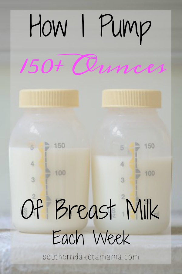 Pinterest graphic with text for How I Pump 150+ Ounces of Breast Milk Each Week and baby bottles filled with breast milk.
