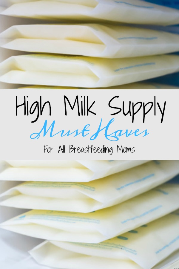 Pinterest graphic with text for High Milk Supply Must Haves and packages of frozen breast milk.