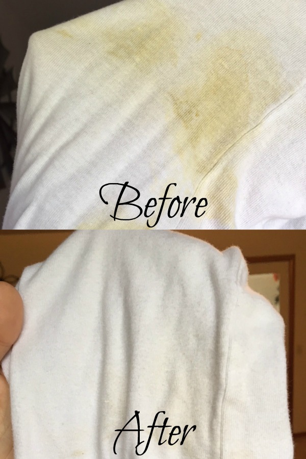 Before and after of stained clothing with baby poop.