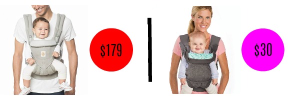 Popular baby carrier price compared to price of similar less expensive option.