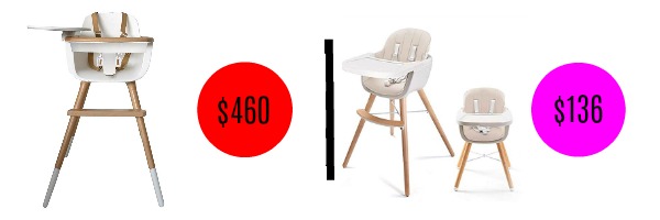 Image graphic with price comparison of two similar high chairs.