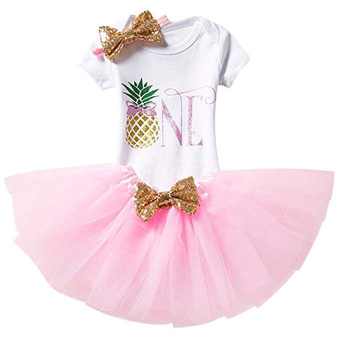 Pineapple \"One\" onesie outfit with pink tutu for little girl first birthday.