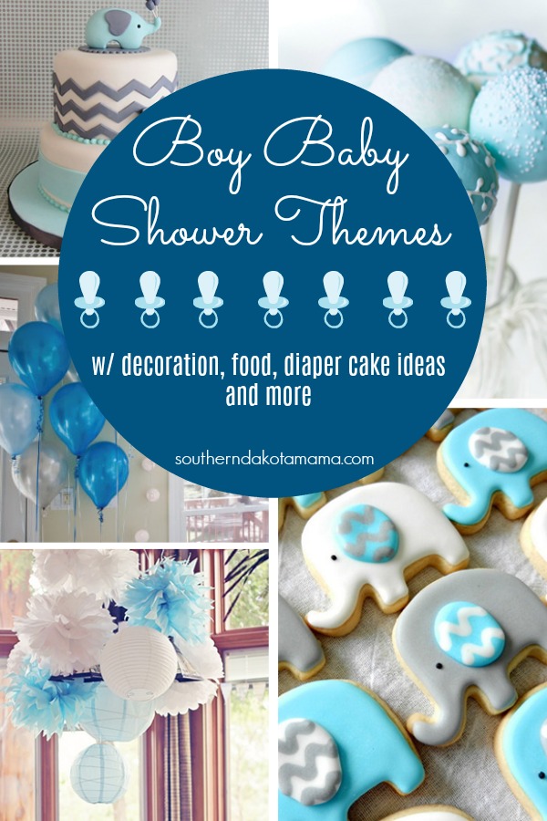 Pinterest graphic with text for Boy Baby Shower Themes and collage of baby shower them ideas for boys.