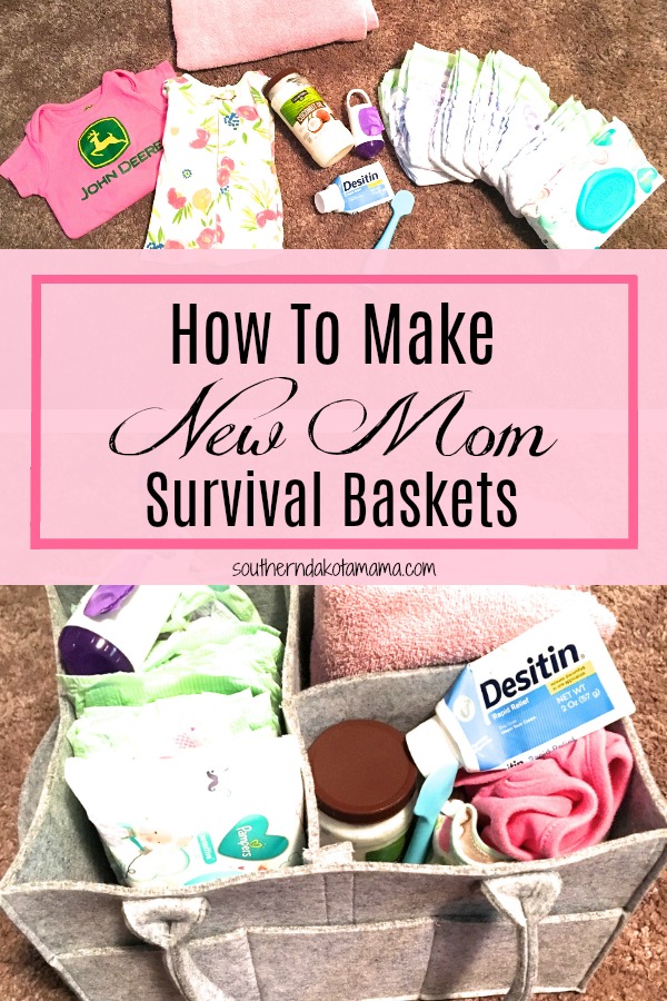 Pinterest graphic with text for How to Make New Mom Survival Baskets and collage of baby and postpartum products.