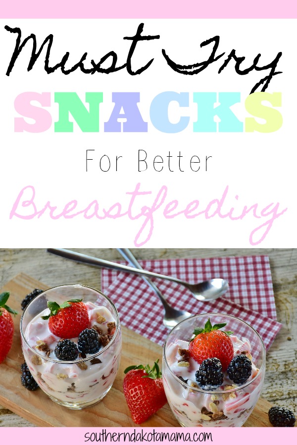 Pinterest graphic with text for Must Try Snacks for Better Breastfeeding and healthy yogurt dish.