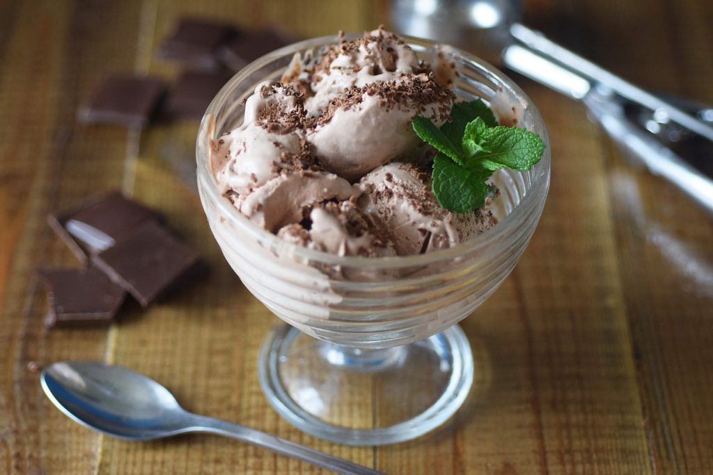Chocolate ice cream in glass serving dish.