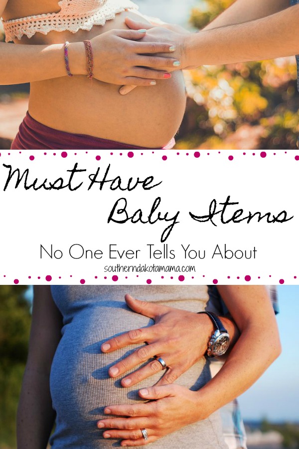 Pinterest graphic with text for Must Have Baby Items and collage of pregnant bellies.