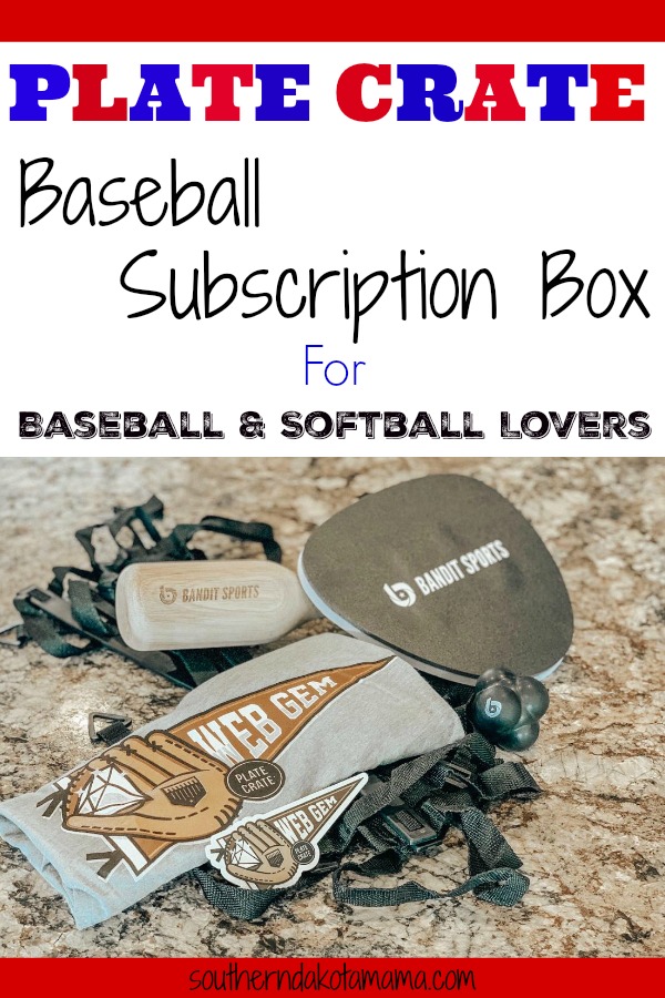 Pinterest graphic with text for Plate Crate Baseball Subscription Box and baseball gear.