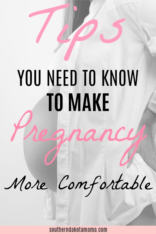 Pinterest graphic with text for Tips to Make Pregnancy More Comfortable and pregnant woman bracing back.