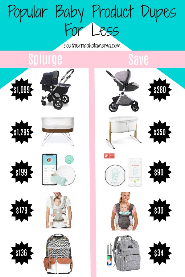 Pinterest graphic with text for Popular Baby Product Dupes and price comparison images.