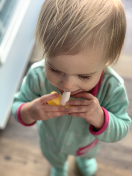 Toddler puts teether in mouth.