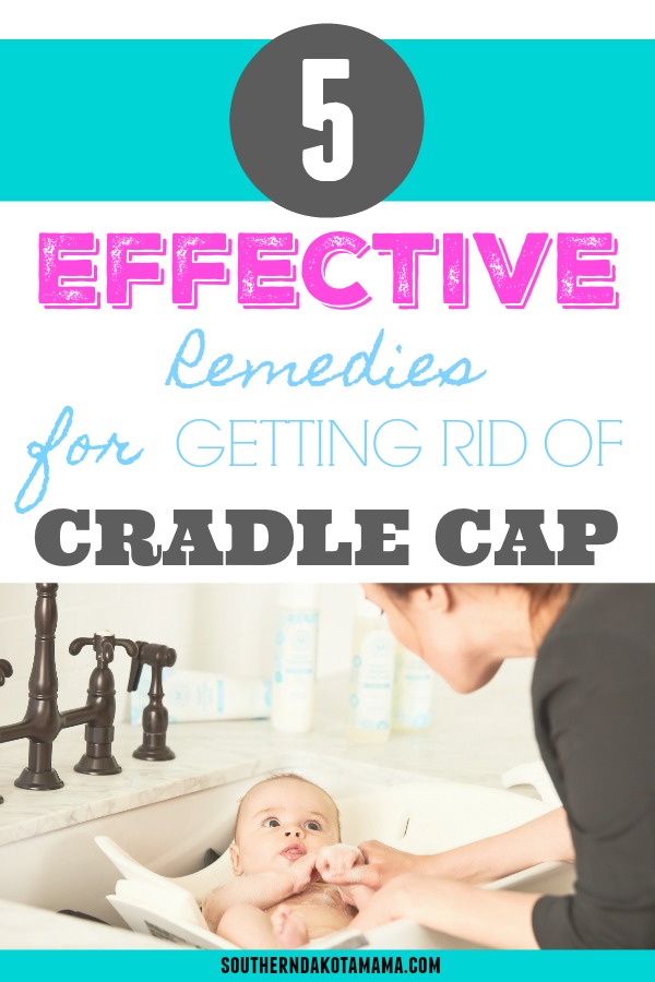 Pinterest graphic for Effective Remedies for Getting Rid of Cradle Cap and woman washing baby in sink.