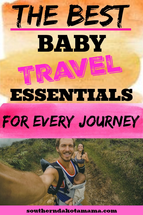 Pinterest graphic with text for Baby Travel Essentials and couple hiking with baby.