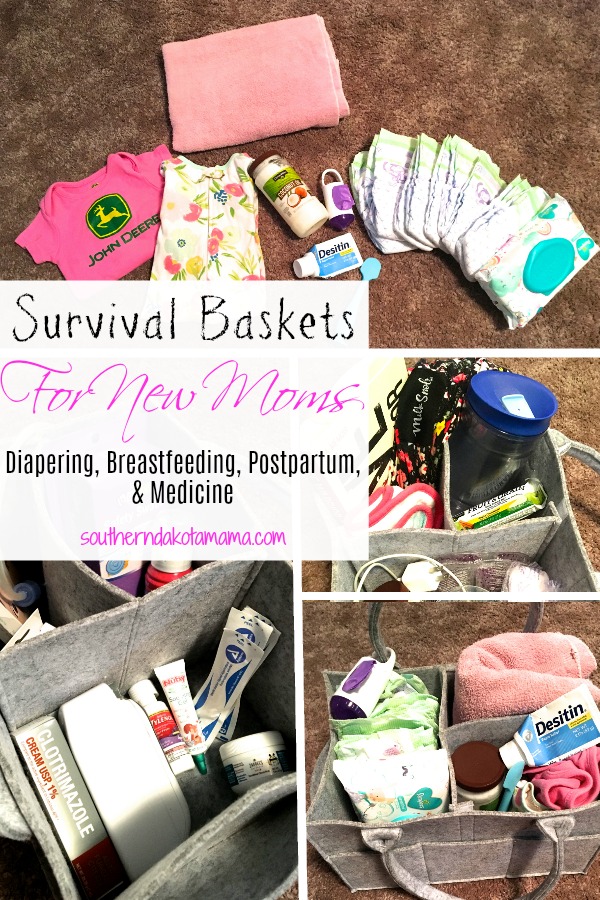 Pinterest graphic with text for Survival Baskets for New Moms and collage of baby and postnatal items.