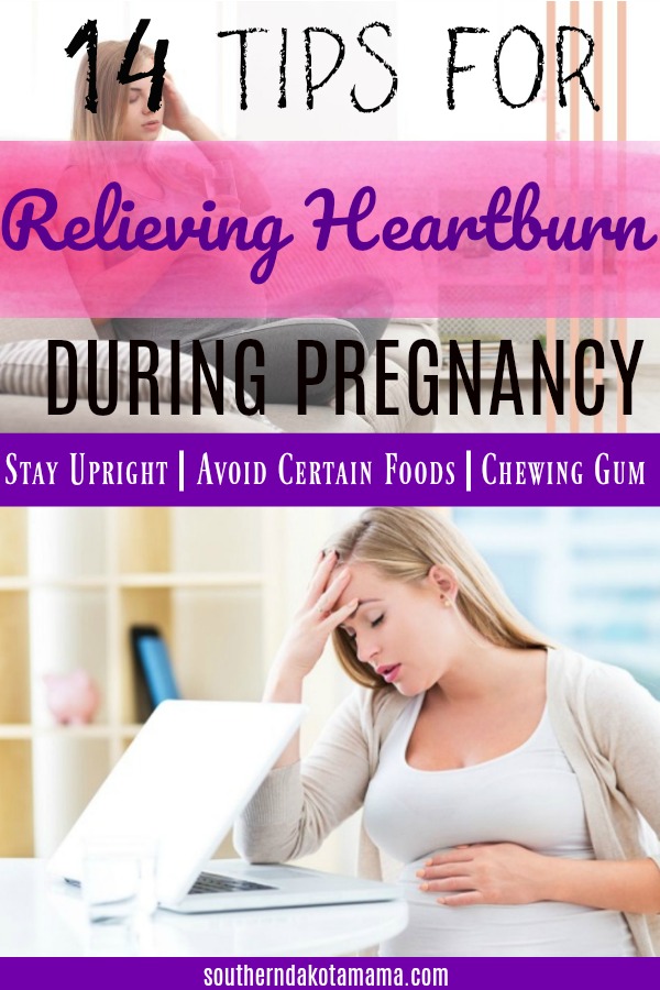 Pinterest graphic with text for Relieving Heartburn During Pregnancy and image of pregnant woman in discomfort.