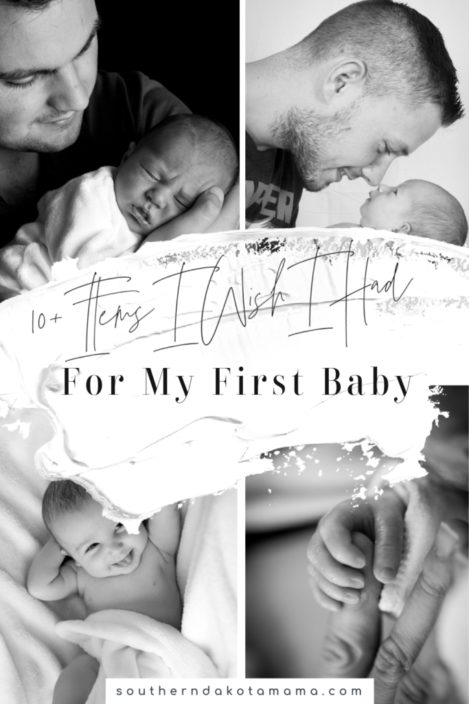 Pinterest graphic for \"Items I Wish I Had For My First Baby\" and collage of black and white baby photos.